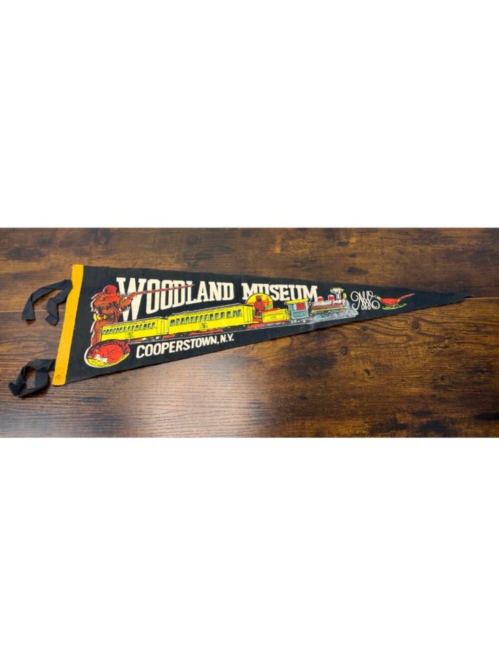 Vintage Woodland Museum Cooperstown N.Y. Felt Pennant With Train & Hunter damage